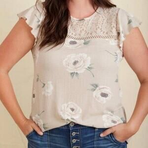 TORRID Cream Ivory Textured Crew Neck Lace Pieced Tie Back Top Size 0 12/L